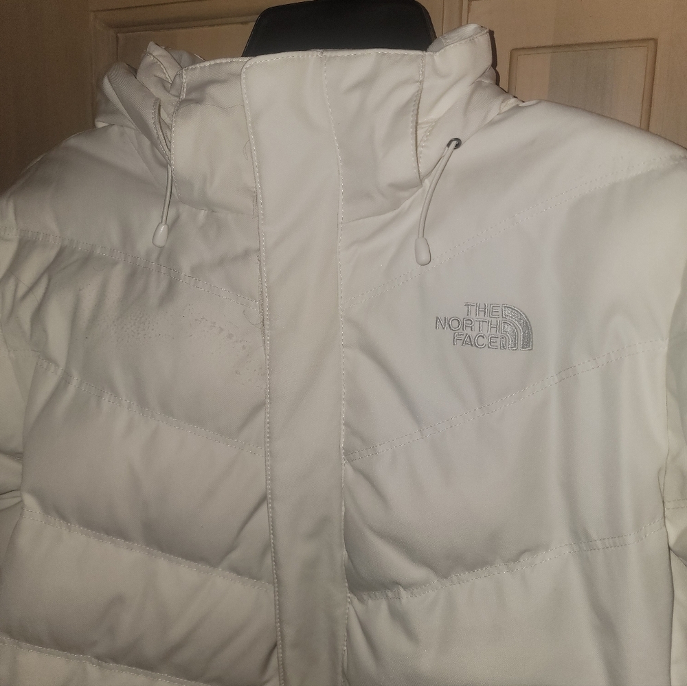 Misses Sz M North Face Down Winter Jacket With Hood White Gray - Picture 13 of 16